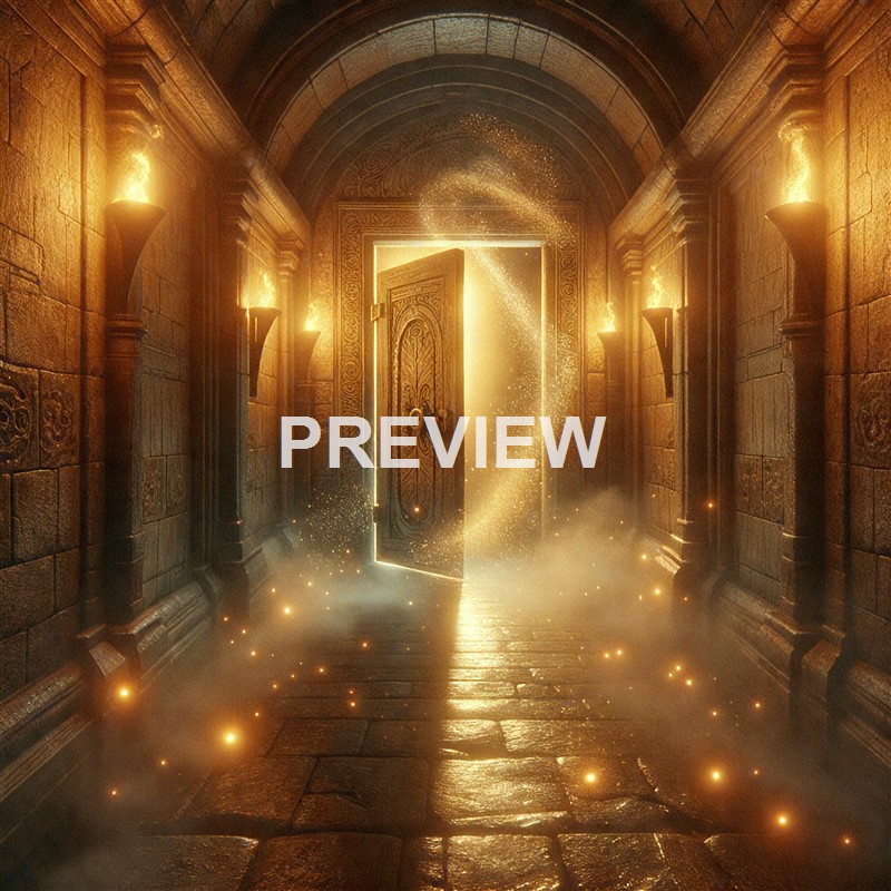 An ornate wooden door in a stone corridor illuminated by warm torches, with a glowing golden light and sparkling particles emanating from the open doorway, creating a mystical and inviting atmosphere.